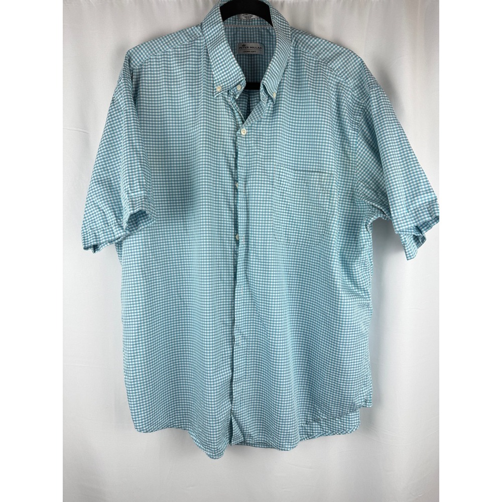 Peter Millar Crown‎ Soft Gingham Button Up Short Sleeve Shirt XL Cotton Silk